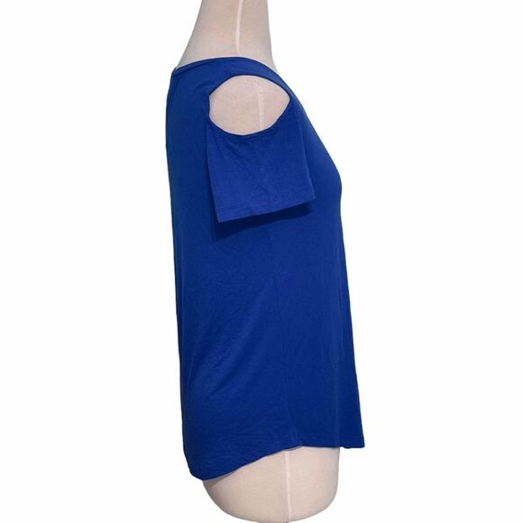 JM Collection Cold Shoulder Top Short Sleeves Blue Dragon Stretchy Scoop Neck XS - Picture 2 of 9